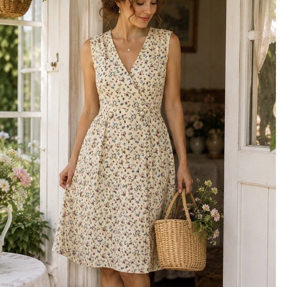 Peri Petites Floral Faux Wrap Vintage Style Dress Women 14 Cream Cottagecore‎
